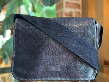 GUCCI Diaper Bag Medium Navy Blue Imprime Monogram Double Buckle Flap Crossbody Bag Sale