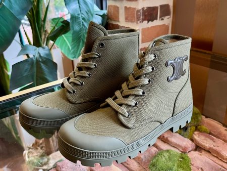 CELINE Patapans Green Canvas Short Boots SZ 37 Sale