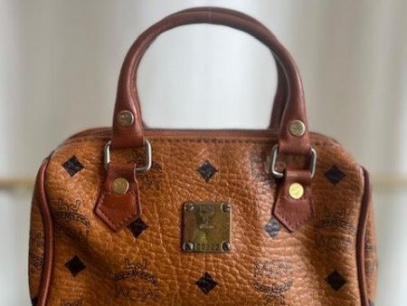 MCM Boston Bag Mini Brown Visetos Canvas Leather Handbag For Sale