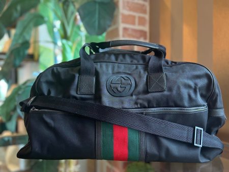 GUCCI Black Techno Web Stripe Canvas Duffel Bag For Sale