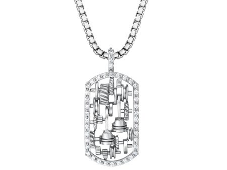 StingHD Racing: Diamond-Studded 18K White Gold Piston Dog Tag on Box Chain Online Hot Sale