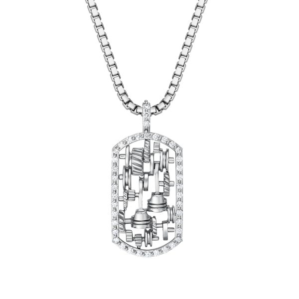 StingHD Racing: Diamond-Studded 18K White Gold Piston Dog Tag on Box Chain Online Hot Sale