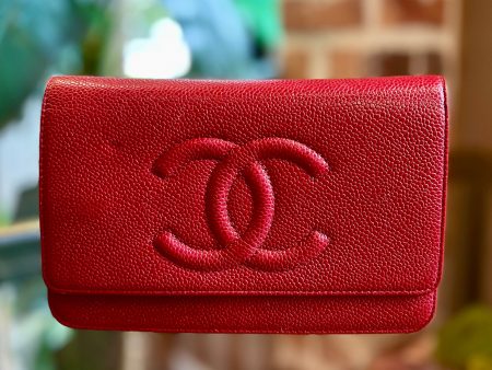 CHANEL Timeless CC Red Caviar Leather Wallet On Chain Fashion