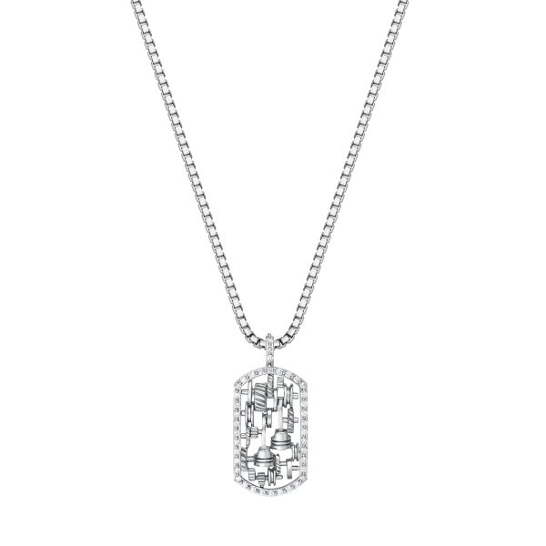 StingHD Racing: Diamond-Studded 18K White Gold Piston Dog Tag on Box Chain Online Hot Sale