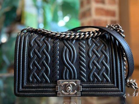 CHANEL Boy Medium Black Embossed Lambskin Leather Celtic Shoulder Bag Supply