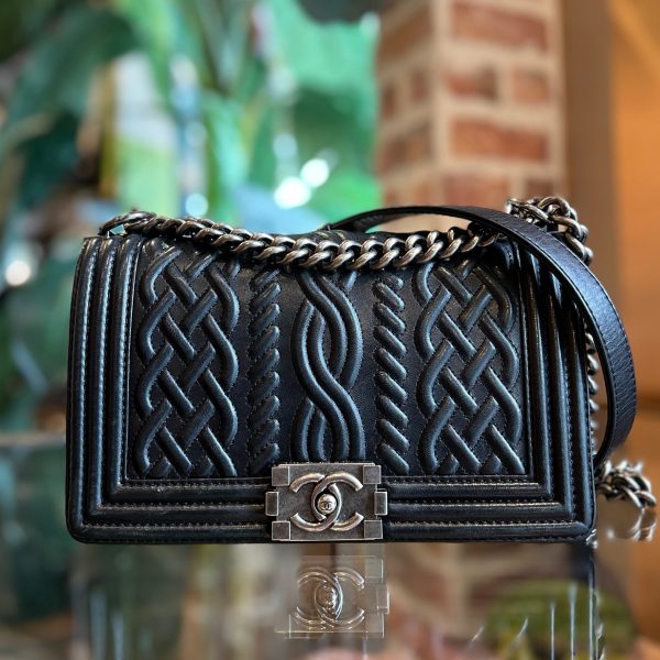 CHANEL Boy Medium Black Embossed Lambskin Leather Celtic Shoulder Bag Supply