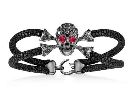 B477 Black Platinum Plated Sterling Silver Black Diamond Skull With Ruby Eyes | StingHD For Cheap