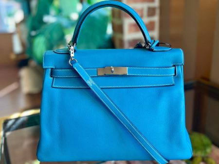 HERMES Kelly 32 Blue Jean Swift Satchel Bag For Sale