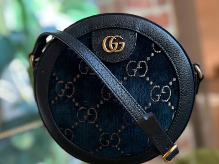 GUCCI Navy Blue Beige Velvet Calfskin GG Monogram Round Shoulder Bag Cheap