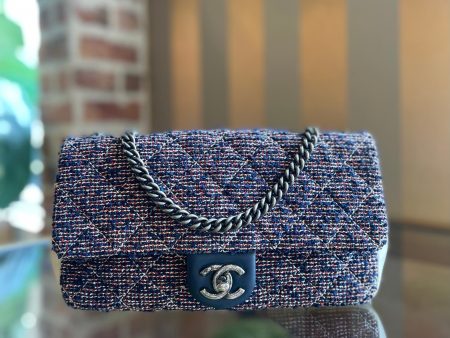 CHANEL Red Blue Tweed Quilted Medium Single Flap Shoulder Bag Cheap