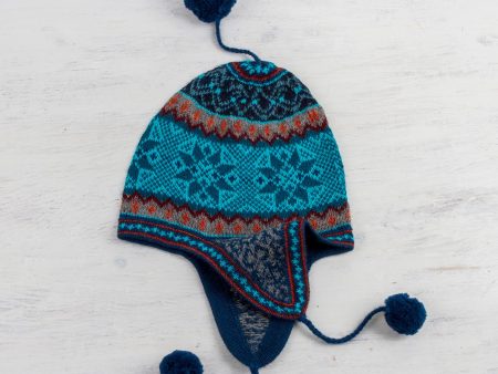 Andean Snowfall Alpaca Chullo Hat in Azure and Smoke from Peru Sale