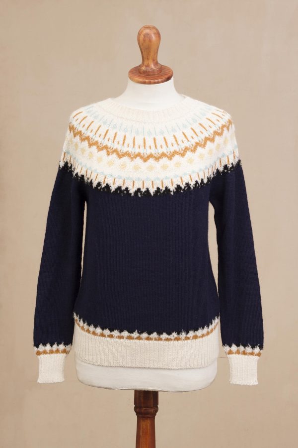 Apres-ski Midnight and Antique White 100% Alpaca Pullover from Peru Online