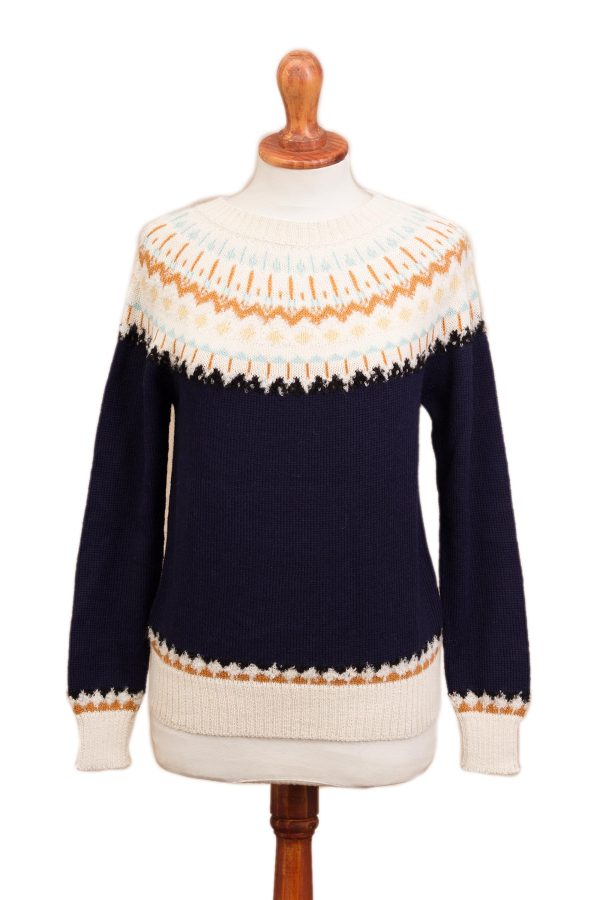 Apres-ski Midnight and Antique White 100% Alpaca Pullover from Peru Online