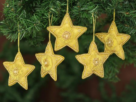 Dazzling Golden Stars Hand Beaded Set of 5 Ornaments Online