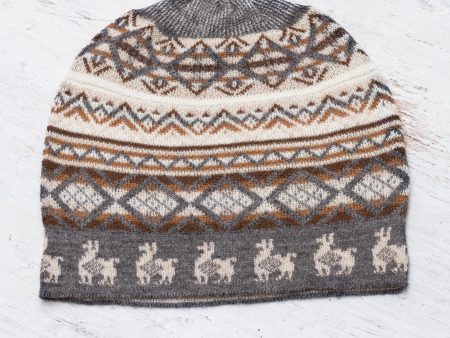 Alpaca Mountain Off-White Brown and Grey Diamond Motif Alpaca Blend Knit Hat Supply